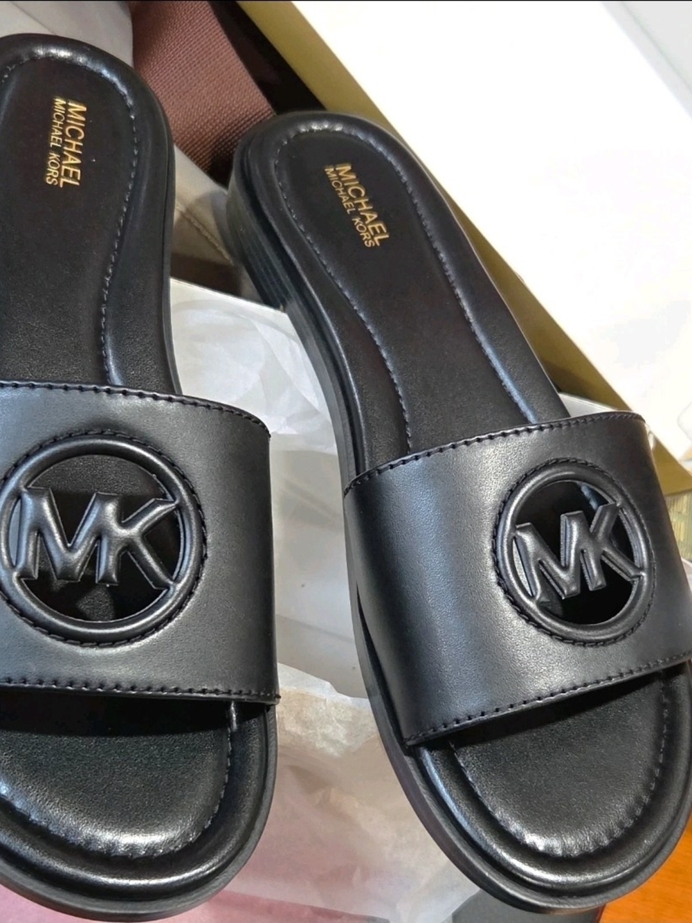 Michael Kors Black MK Logo Leather Slide Sandals 10W